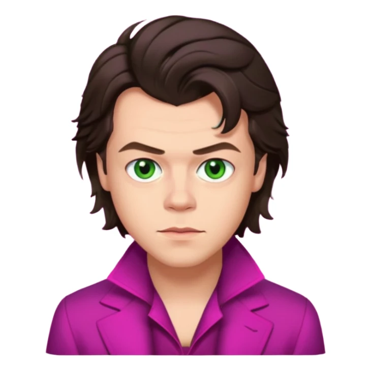Harry Styles with green eyes, dark brown hair, magenta outfit sticker