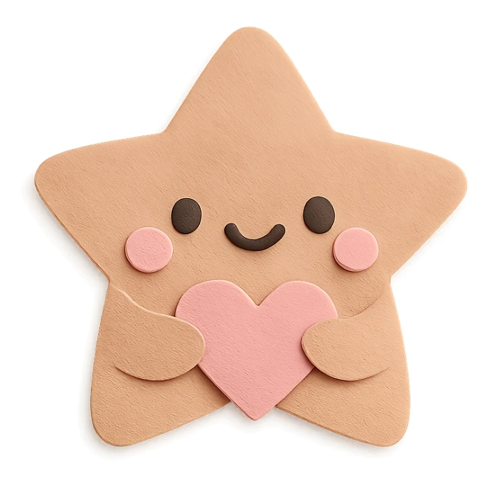 Smiling pastel brown star clutching a small pastel heart, no arms or legs, full body, transparent background, kawaii paper craft style. sticker