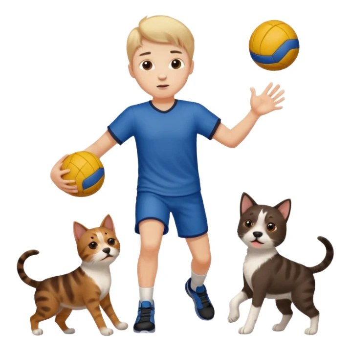 ragazzo basso  che gioca a pallamano circondato da cani e gattu sticker