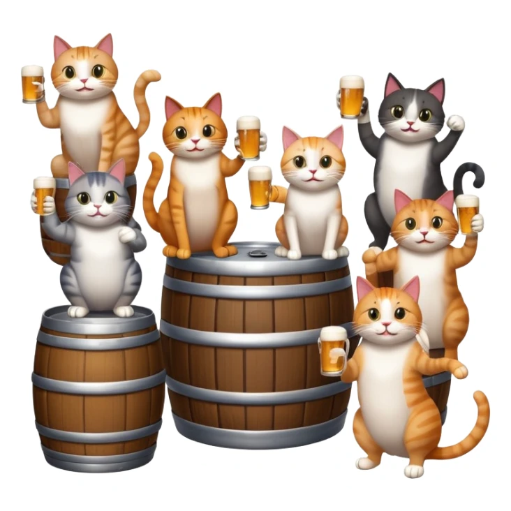 seven distinct cats standing around a beer keg, each cat drinking, all with goofy playful expressions sticker