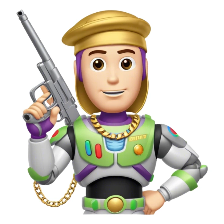 buzz lightyear with a gold chain, durag, and gun sticker
