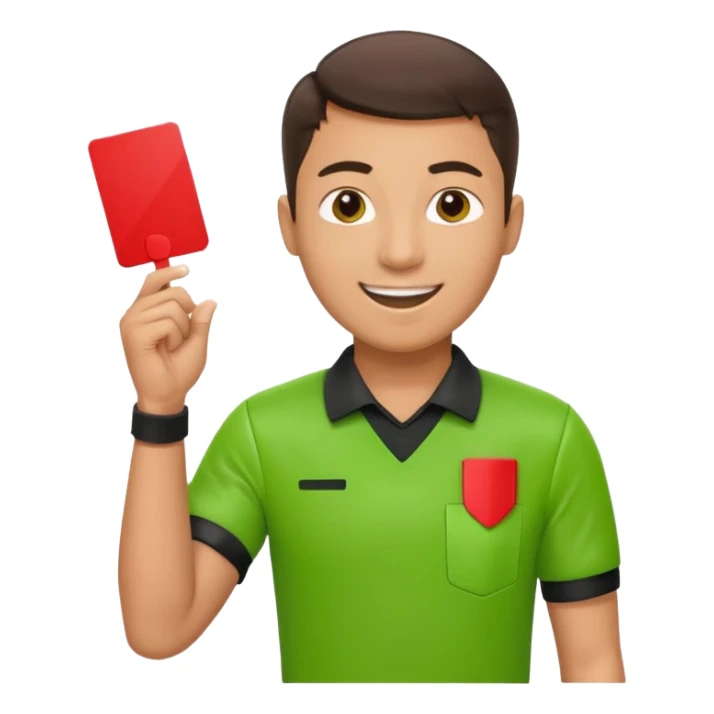 Young Referee – Energetic Style
 Wearing bright green shirt, smiling slightly, holding red card high with whistle around neck. sticker