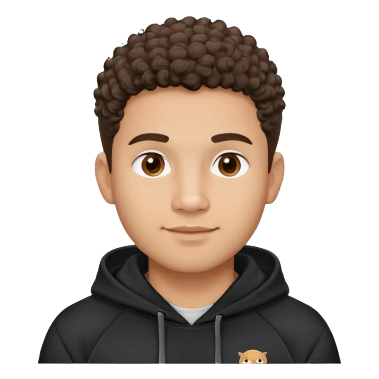 Latino man with light brown warm skin, round face, full cheeks, soft jaw, slight friendly smile, very short fade haircut, curly on top, medium eyebrows, medium eyes, straight nose, medium lips, black hoodie with white logo, practical and hardworking vibe sticker