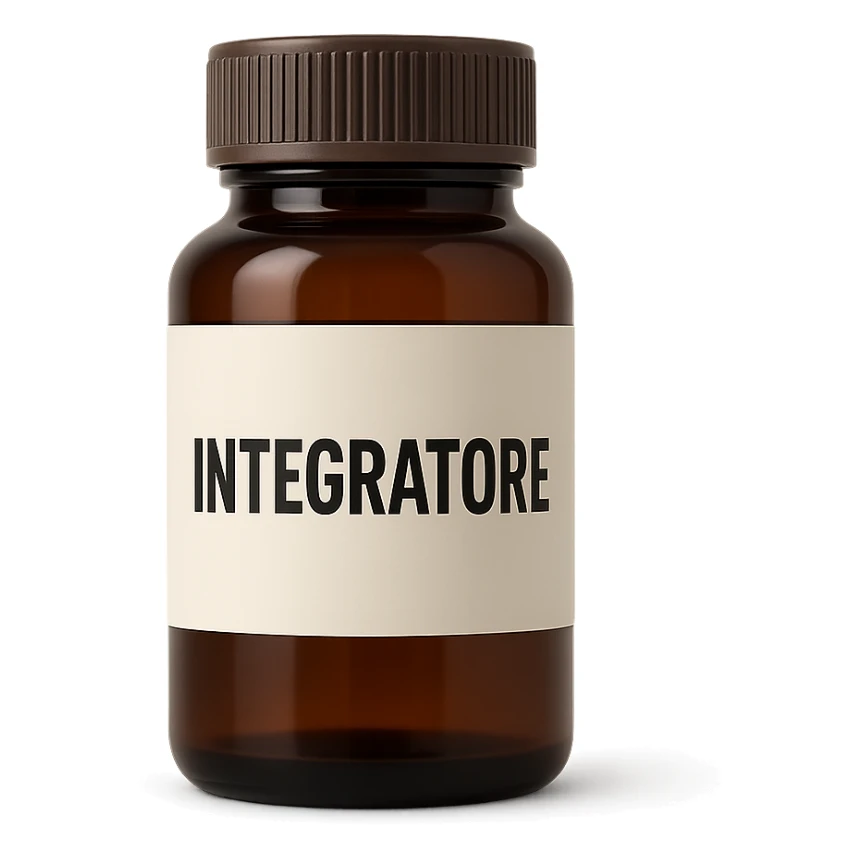 boccetta di integratore con la scritta "INTEGRATORE" SULL'ETICHETTA sticker
