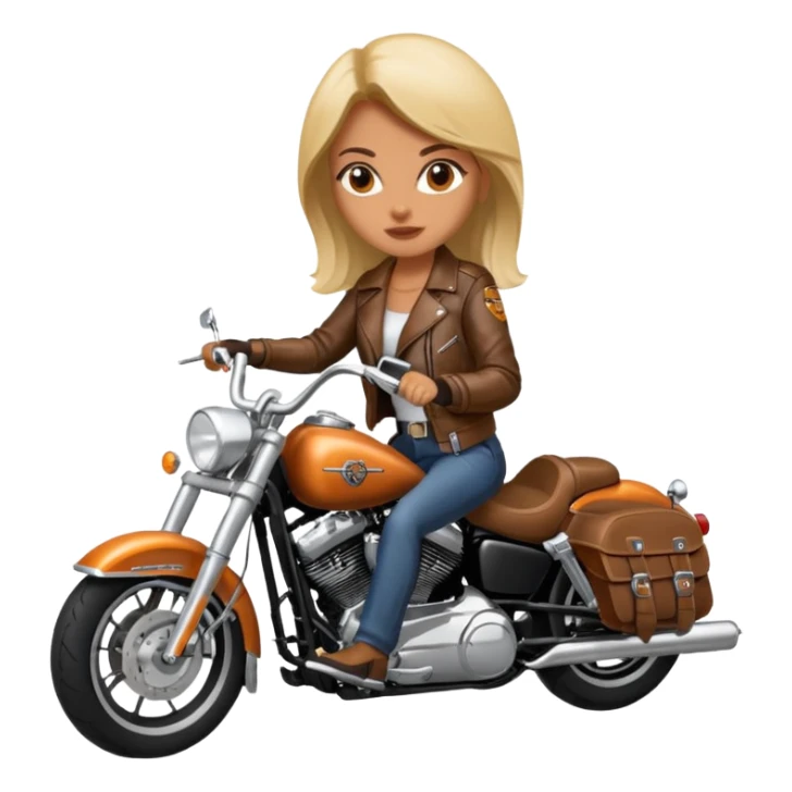 A woman wearing leather riding a Harley Davidson sticker