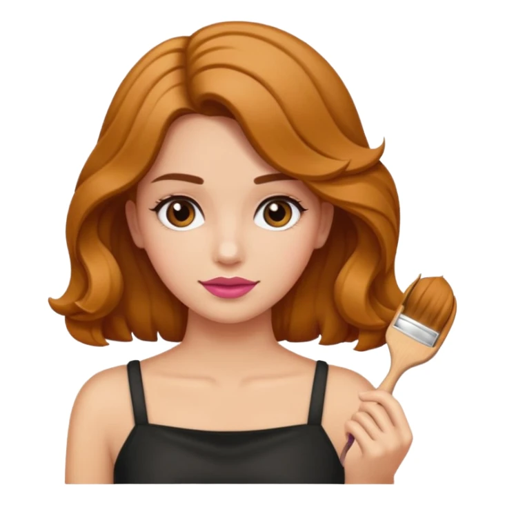 Chica blanca castaña con el cabello ondulado, aplicándose rubor con una brocha en la mano sticker