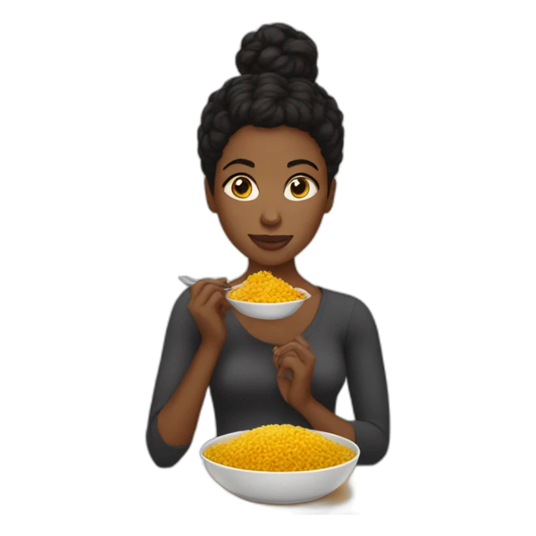 Black woman with black short hair in a bun, eating rice with curry sticker