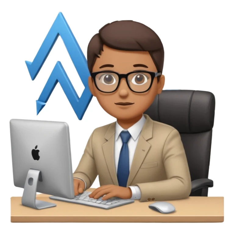 A person sitting at a desk working on a computer with upward arrows and percentage signs, suggesting digital sales, marketing, or outreach. sticker