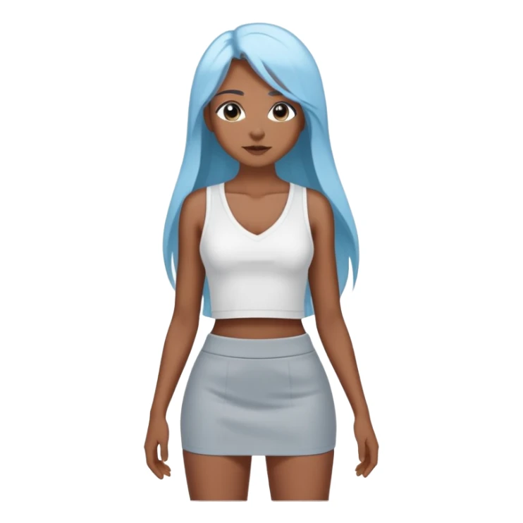 hyperrealistic caucasian, darker sky blue long straight hair, white deep v-neck crop tanktop, gray tight mini skirt sticker