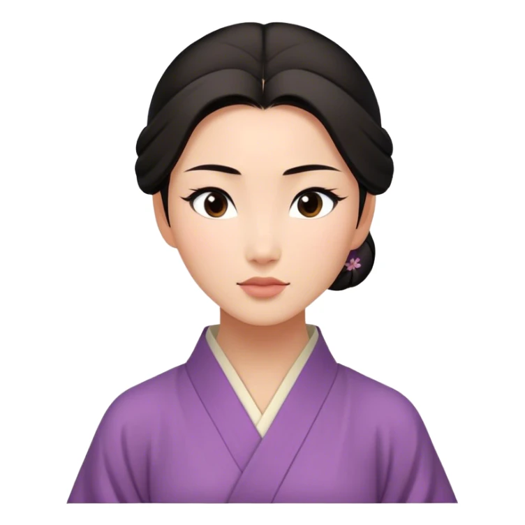 Cinematic Serene Mulan Portrait Emoji, rendered in a simplified vector style. Depict a gentle Mulan (chest and above) with warm, radiant skin, sleek dark hair pulled back in a neat bun, and a calm, thoughtful expression, wearing a simple traditional robe in muted hues. The design glows softly with an elegant, inviting light. sticker