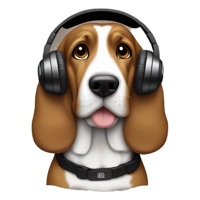 Black and tan bassett with tan chest wearing headphones sticker