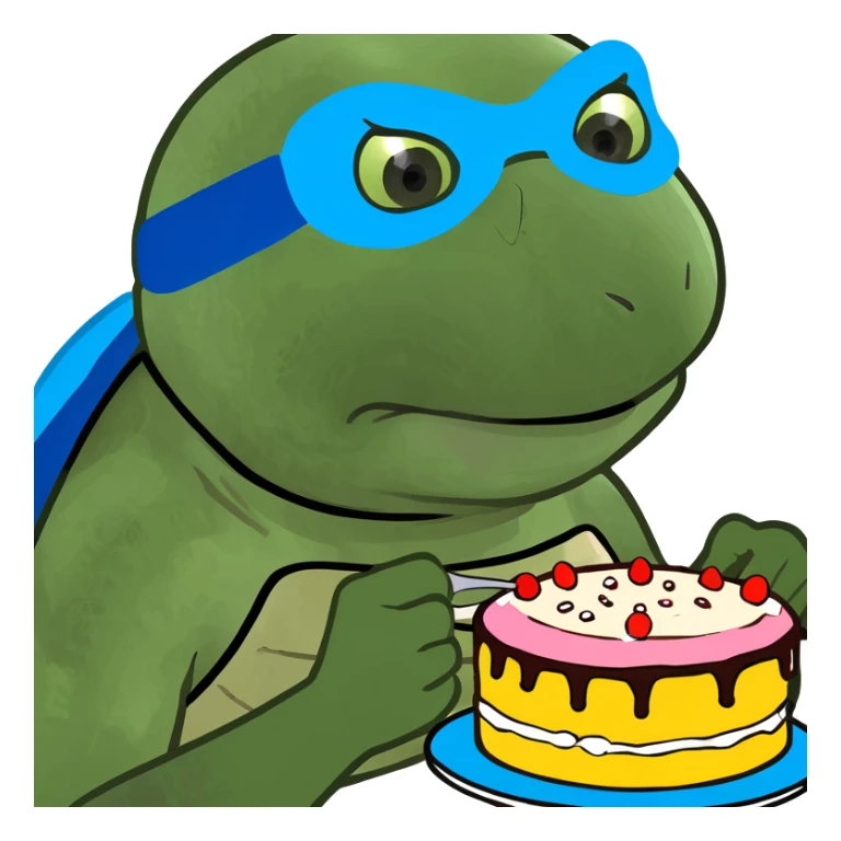 ninja turtle wearing blue eye mask eating cake with blue icing sticker