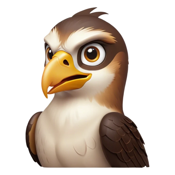 Cinematic Comical Falcon Portrait Emoji, Head tilted dramatically with an exaggeratedly shocked expression, featuring a sharply defined beak and wide, comically expressive eyes full of playful disbelief, Simplified yet hilariously expressive features, highly detailed, glowing with a slightly sassy glow, high shine, dramatic yet playful, stylized with an air of cheeky aerial mischief, soft glowing outline, capturing the essence of a meme-worthy falcon that looks ready to side-eye its way into viral fame! sticker
