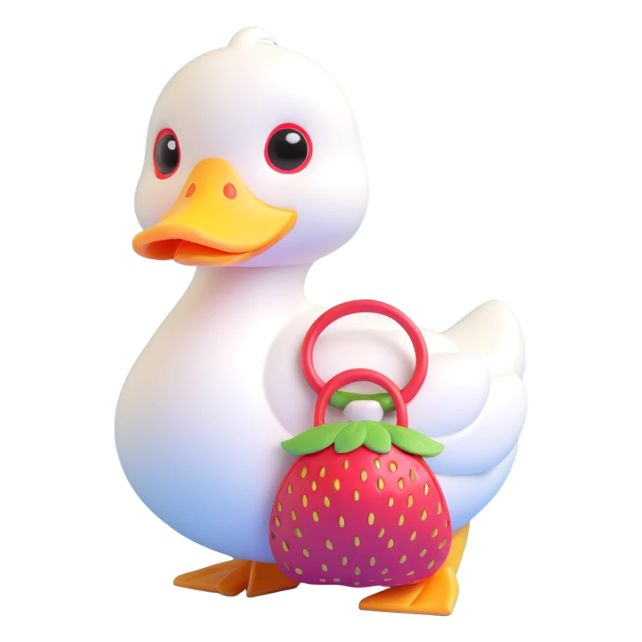 cute white duck with a strawberry-shaped shoulder bag, kawaii 3D style, pastel colors, big shiny eyes, soft lighting, iOS 18 look, duck facing forward sticker