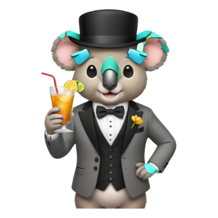 koala wearing suit, bowtie and top hat, holding a glass of drink sticker