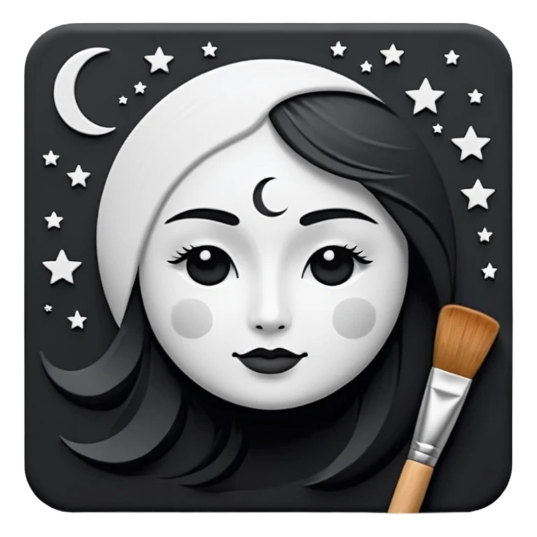 Visualize on-brand content — instantly. black white pallete preferred. brush painting on a canvas. app icon. modern, sleek, minimalistic. ai generated. make moon and star to look like a face. sticker