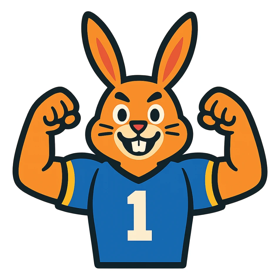 bunny mascot wearing a blue football jersey, flexing sticker