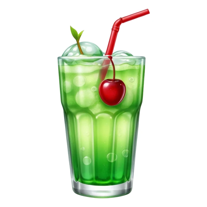 Create an emoji with a clear rounded glass, bright transparent green soda with fine bubbles, a smooth vanilla scoop, a glossy red cherry, using vibrant colors, soft shading, and clear glass highlights.
 sticker