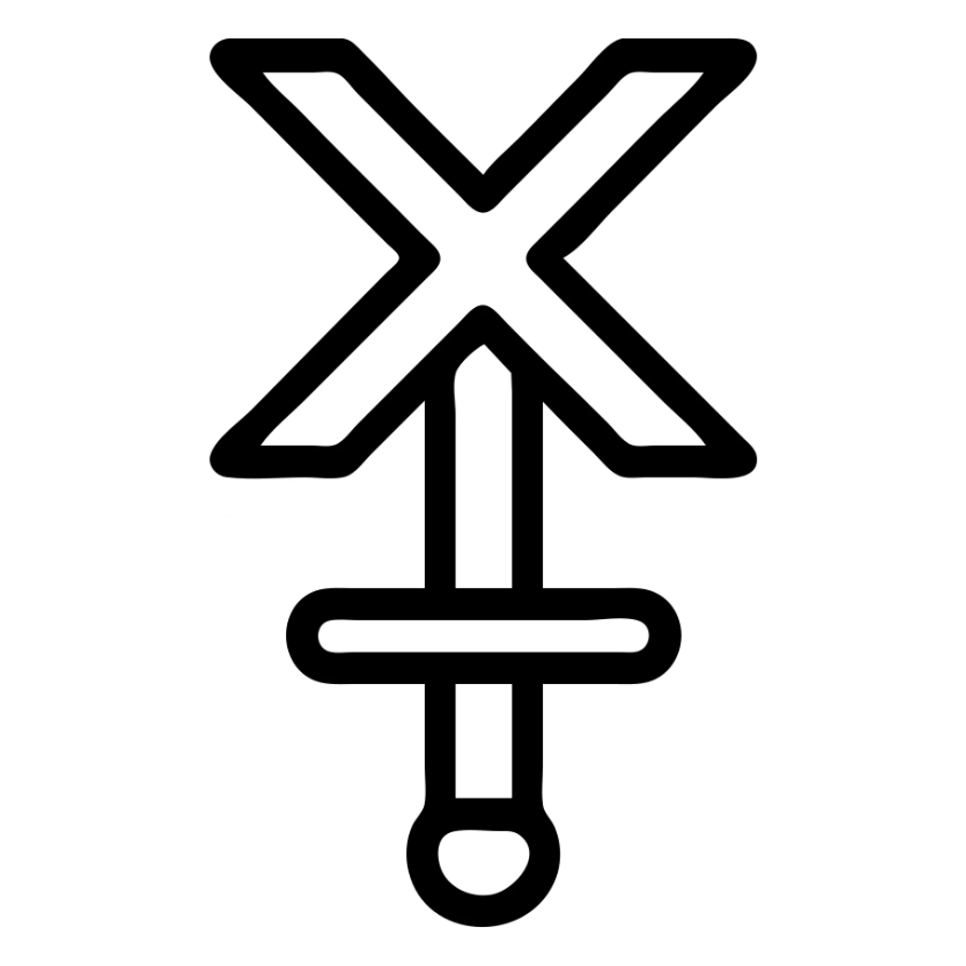 stylized letter X above a sword, simple icon, no text sticker