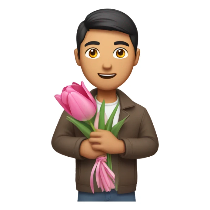 Asian guy holding pink tulip bouquet  sticker