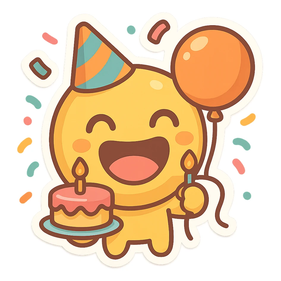 festive emoji with big smile, party hat, holding cake and balloon, confetti falling, bright playful cartoon colors sticker