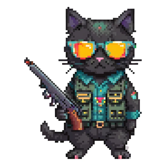 black cat with sunglasses and a gun sticker
