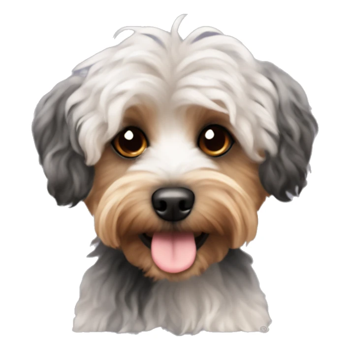 Yorkipoo with curly black and brown hair and white chest sticker