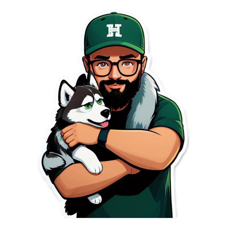 A bold man with a grey baseball cap, green eyes, big beard and glasses hugging a husky sticker