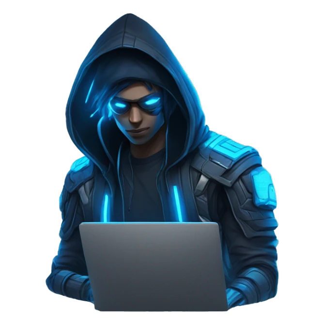 developer behind his laptop with this style : crysis Cyberpunk Valorant neon glowing bright blue character blue black hooded assassin themed character sticker