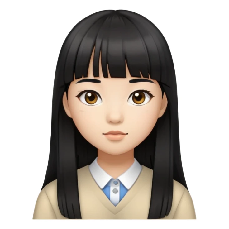 schoolgirl with Asian skin tone, long black hair, and straight cut bangs sticker