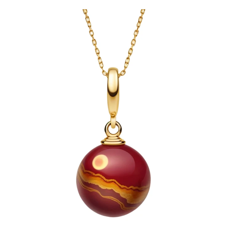 A polished round ball wine jasper pendant suspended from a delicate gold chain, like a drop of enchanted starlight, glowing with the warmth of passion and the quiet power of transformation sticker