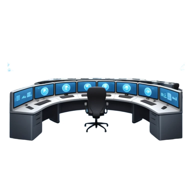 Cinematic mission control center, massive curved video walls with complex telemetry and glowing data visualizations, symmetrical high-tech workstations, dim blue and amber ambient lighting, sharp focus, hyper-realistic, atmosphere of absolute precision. sticker