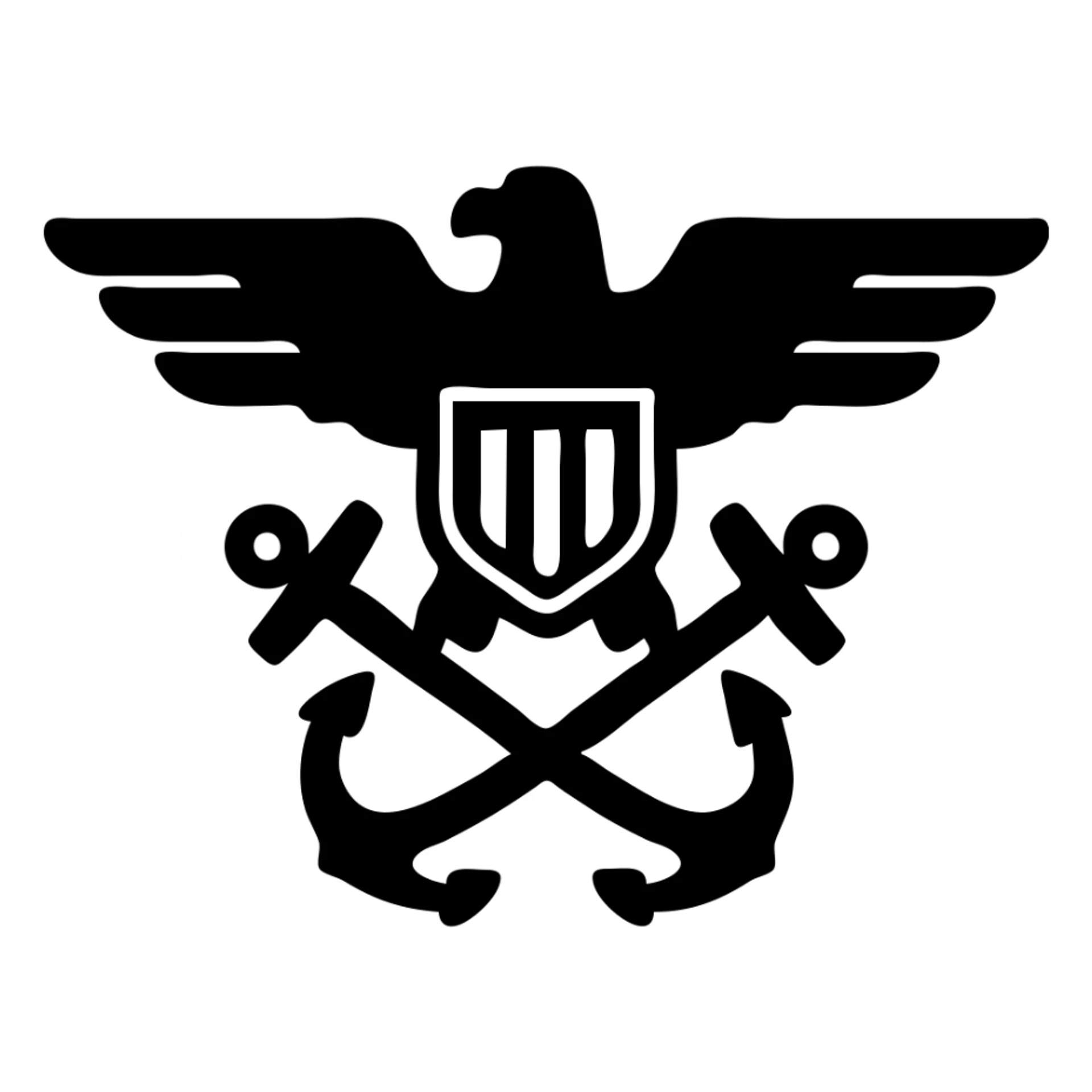 U.S. Navy E-2 insignia, classic military patch, gold eagle, two chevrons, blue field, embroidered look sticker