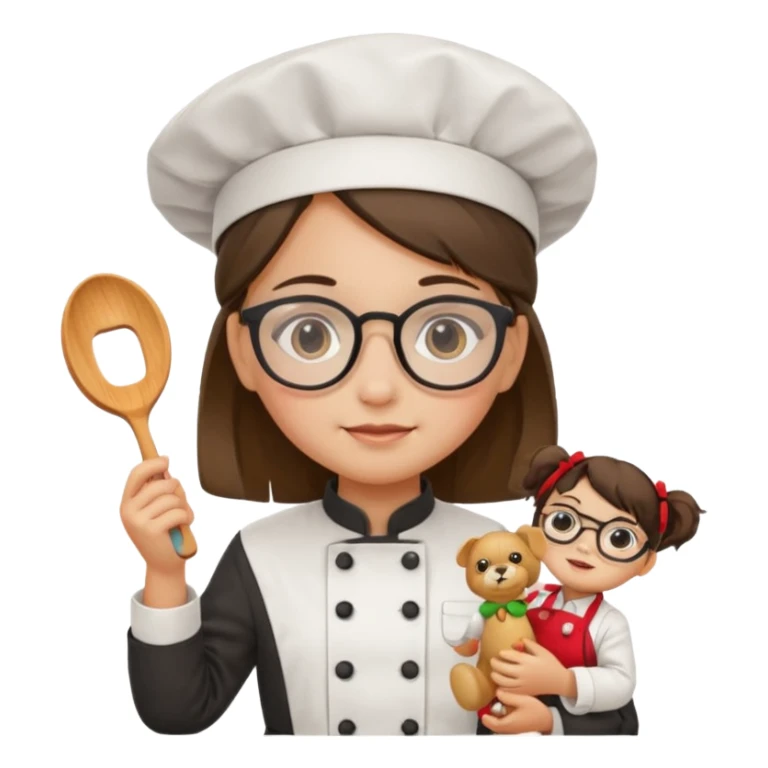 girl kid italian chef, uniform, wearing glasses, holding toy sticker