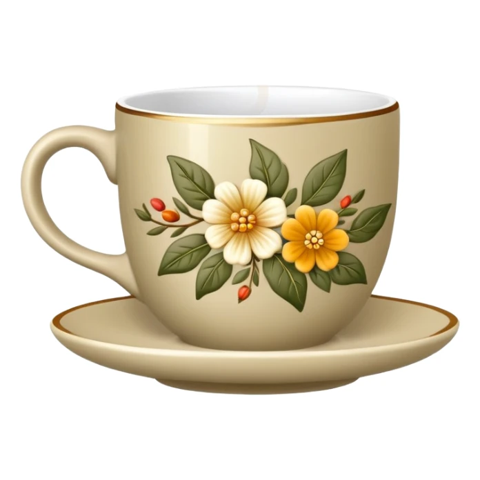 Cinematic Realistic Sophisticated Khaki Coffee Cup with Flower Ornament sticker