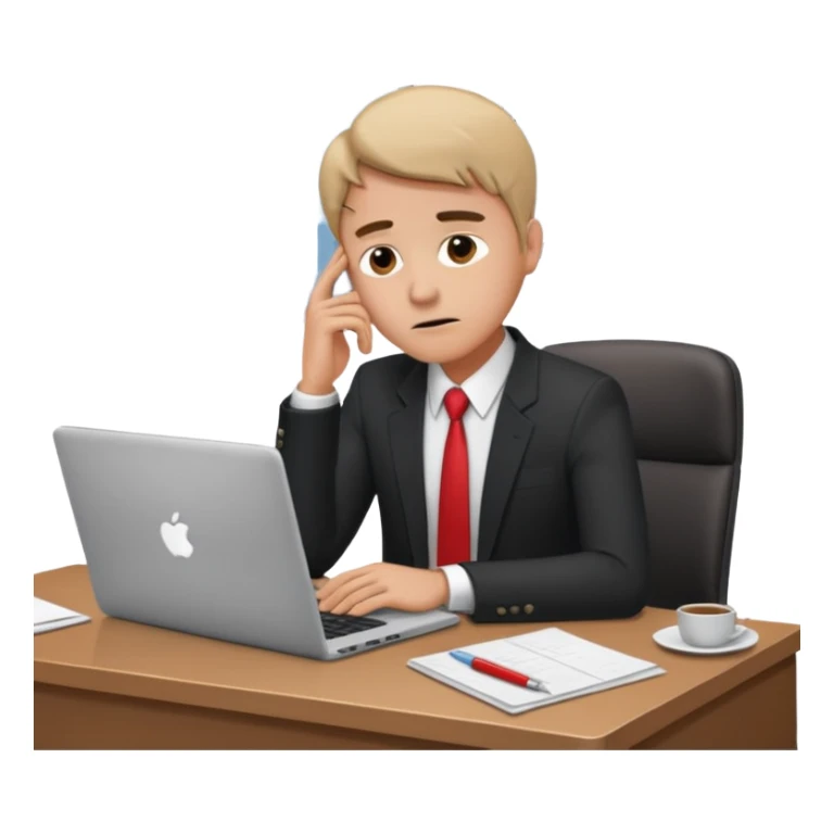 A man in corporate attire sitting at a desk, having fatigue while working on a laptop sticker