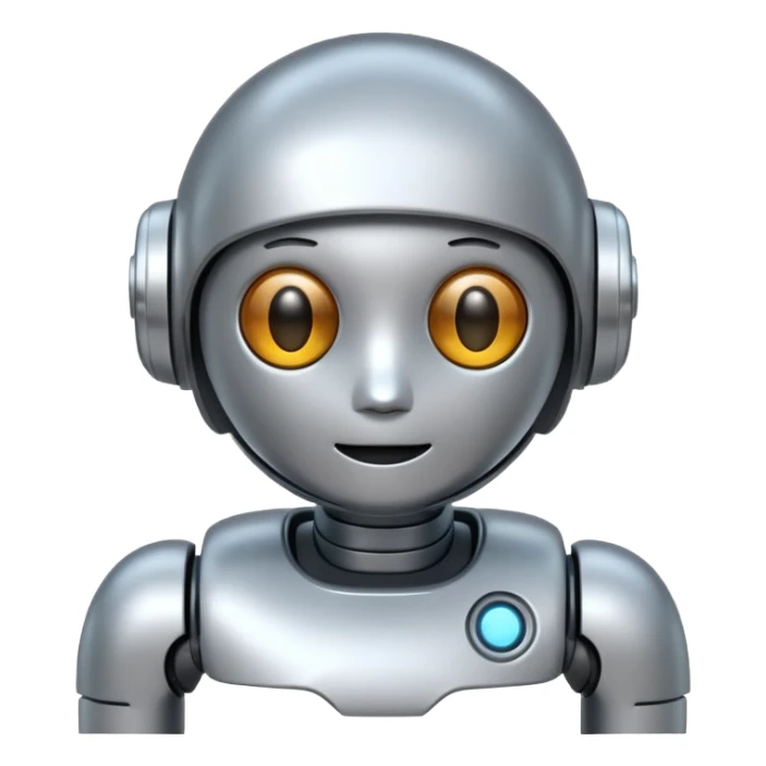 A cute futuristic robot emoji made of silver chrome, rounded friendly body, minimal facial features, glossy metallic surface, soft reflections, iOS emoji style, centered, clean white background sticker