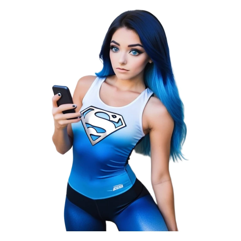 Shameful-head tilted-texting on phone-very very very large upper body-sexy face-bending forward at waist-very long very straight dark blue to light blue ombre hair-and-blue eyes-thick black eyeliner-thick long eyelashes-iridescent blue lowcut tanktop with black leggings with glitter superman logo sticker