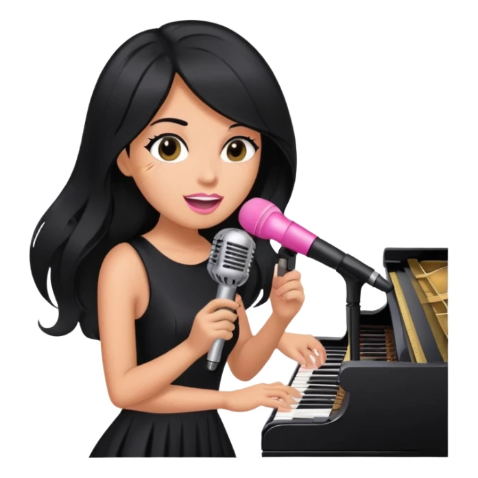 pink microphone, music, singing, playing piano, long black hair tanned woman, black glam dress sticker