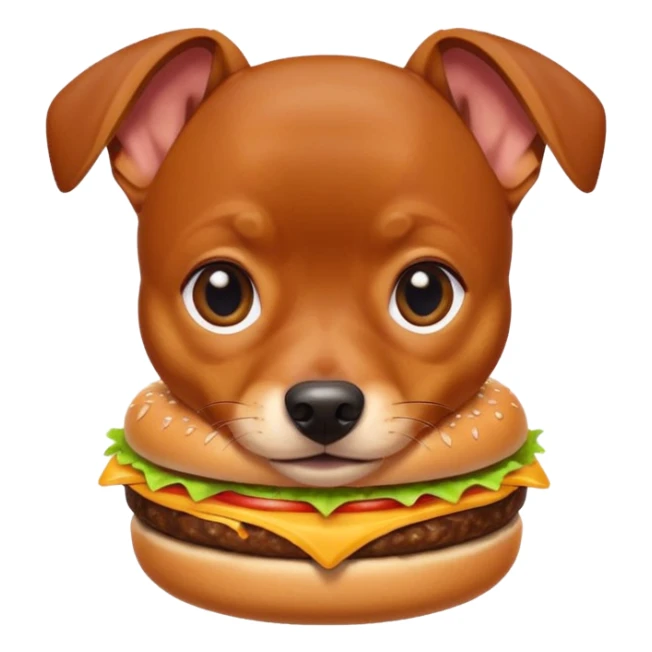 Miniature pinscher dog with white paws eating a giant, juicy hamburger sticker
