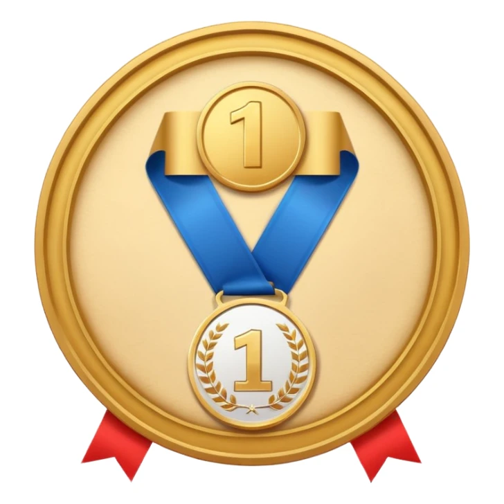 Medalla con número uno, y detrás un certificado sticker