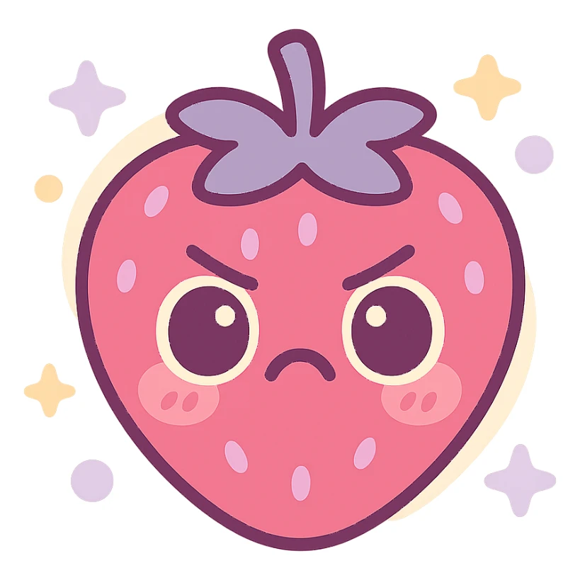 kawaii style strawberry with an angry expression, subtle blush cheeks, soft dramatic shadows, rounded edges, bold and vibrant colors including deep pinks, rich lavenders, creamy whites, isolated on transparent background, high resolution, minimal textures, animation style with gentle subtle highlighting to accentuate dramatic colors, toned-down glow on the face sticker