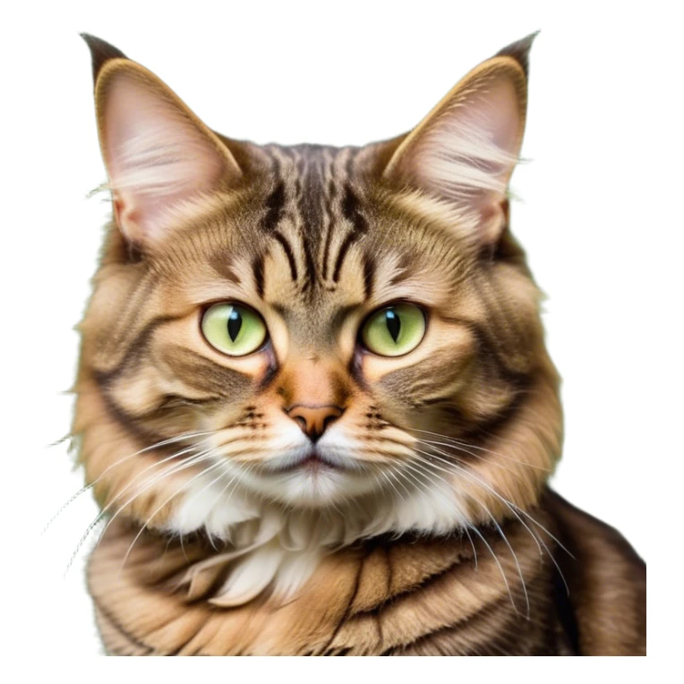 Cinematic Meme-Worthy Grumpy Brown Tabby Cat Portrait Emoji, Head held high but eyes filled with dramatic disappointment, fluffy brown fur with striking tabby markings, signature M-shaped forehead furrowed into an unmistakable scowl, large ears slightly angled back in disapproval, piercing golden-green eyes glaring with pure exasperation, Simplified yet hilariously over-exaggerated features, highly detailed, glowing with an aura of supreme annoyance, high shine, exhausted yet judgmental, stylized with an almost regal pettiness, bright but brooding, soft glowing outline, capturing the essence of a feline that has seen it all and is thoroughly unimpressed, so meme-worthy it feels like it could instantly become the next viral sensation of grumpiness! sticker