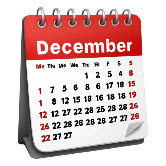 create a calendar for december 2026 , monday comes first day of the week and highlight with red 15-28 december sticker