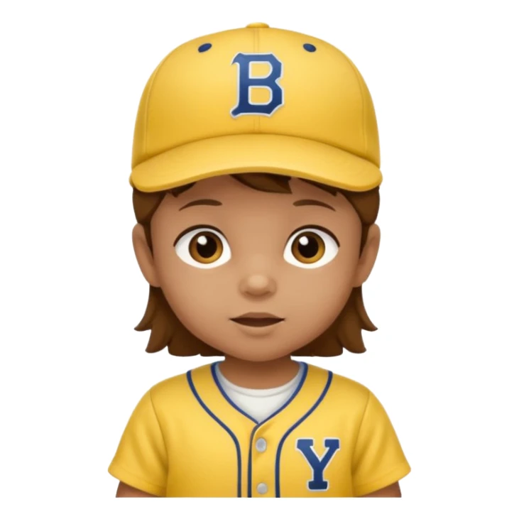 brown hair baby with yellow baseball jersey and hat sticker