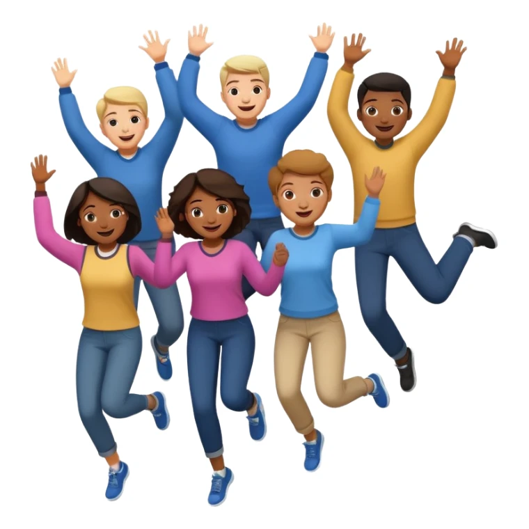 group of adult students, some jumping and happy, diverse, cheerful, classroom background sticker