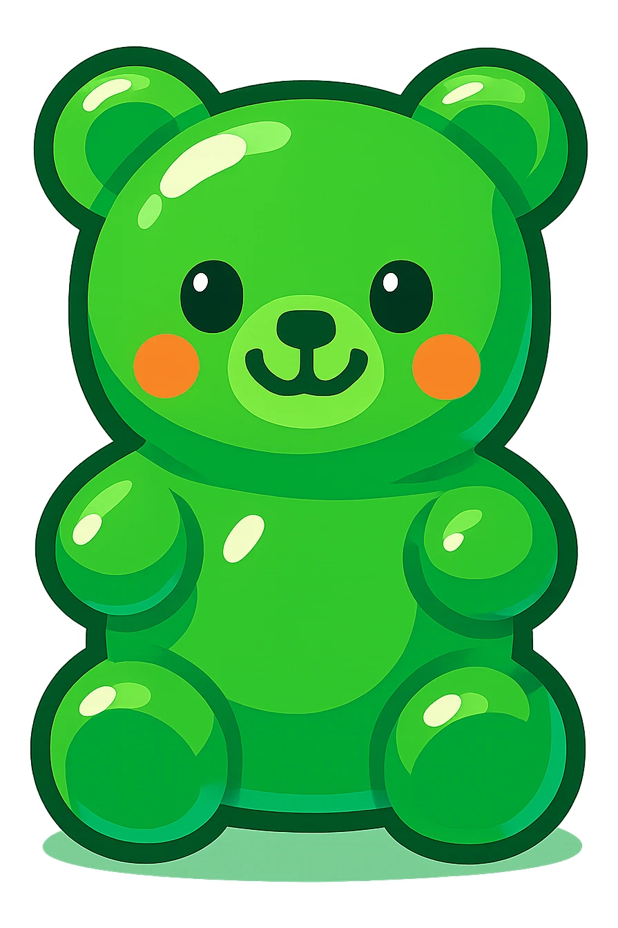green gummy bear, cartoon style, cute face, glossy, transparent background sticker