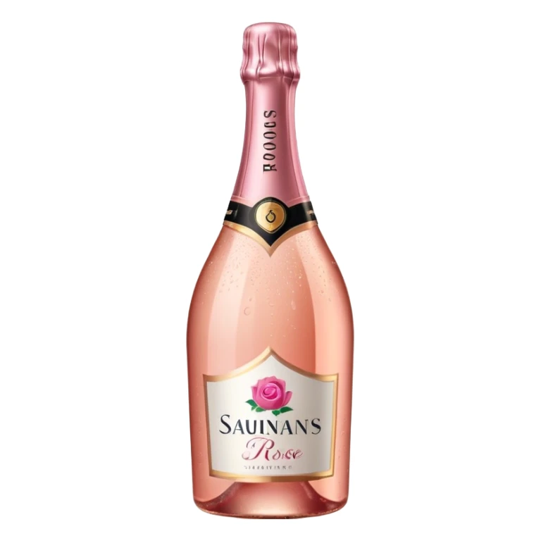 bottle of sparkling rosé champagne with a rose logo on the label, tilted up and to the right, no glass sticker
