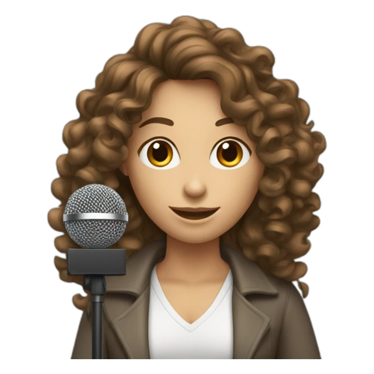 curly dark long hair caucasian woman with podcast microphone sticker