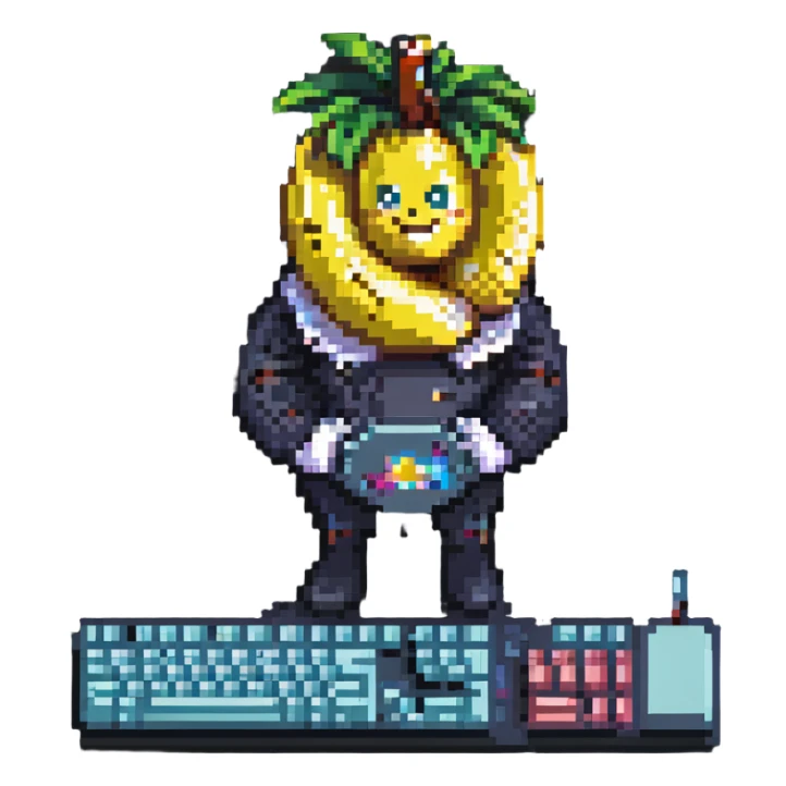banana with T90 keyboard, pixel art style sticker